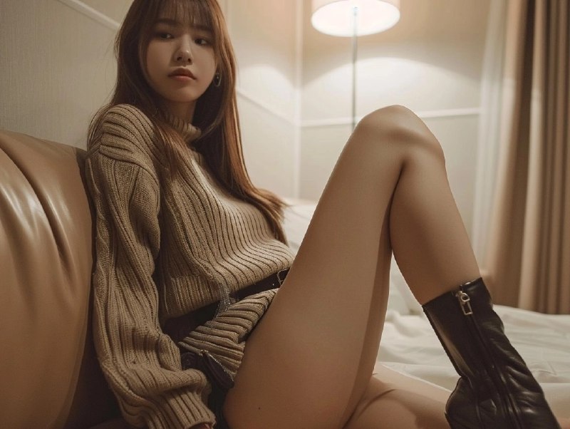 穿着衬衫和靴子的女人坐在沙发上