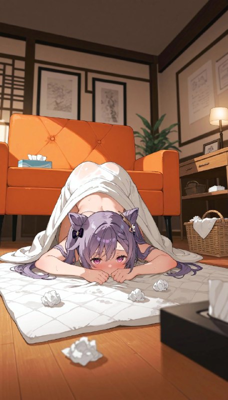 紫色头发的女孩躺在地板上