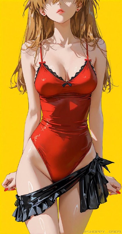 女人穿着红色比基尼和黑色弓