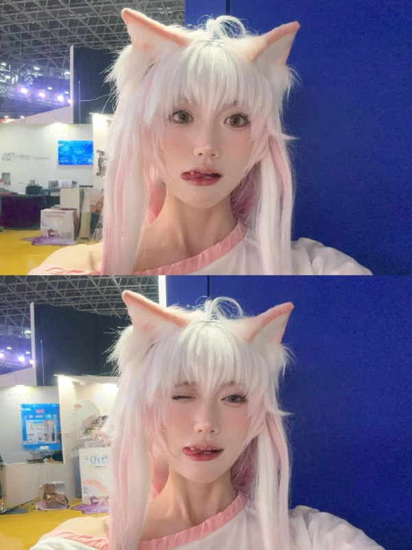 有粉红色的头发和白发的女孩,有粉红色的鼻子