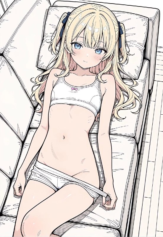 金发的女孩和一个白色的胸罩躺在沙发上