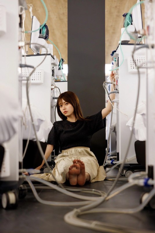 女人坐在一间带一堆机器的房间里