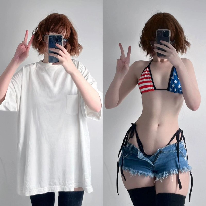 两个女人,穿着白衬衫,一个穿着红色,白色和蓝色比基尼,拍自拍